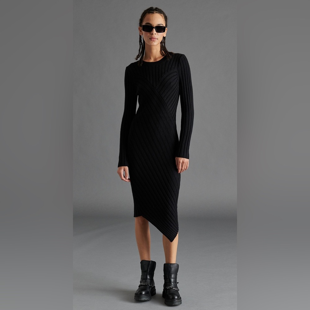 NWT Steve Madden Serina Bodycon Sweater Dress Asymmetric Hem Black Size M